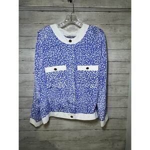 Andrea Gayle Women’s Blouse Size 10 Blue White Gold Button Accent Long Sleeve